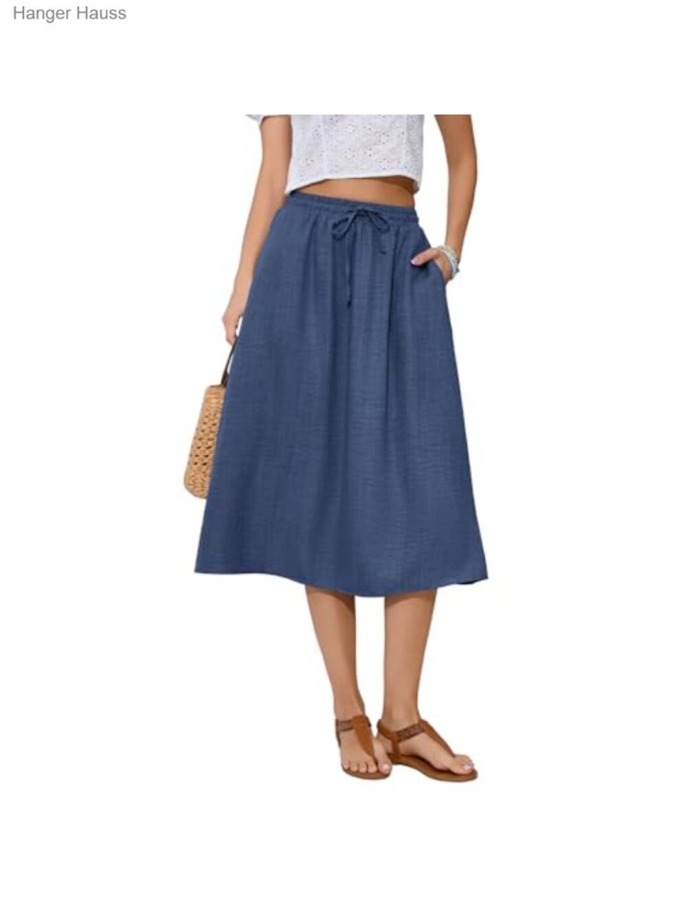 Pleated Midi Skirt High Waist A-Line Flowy Elastic Waist Summer